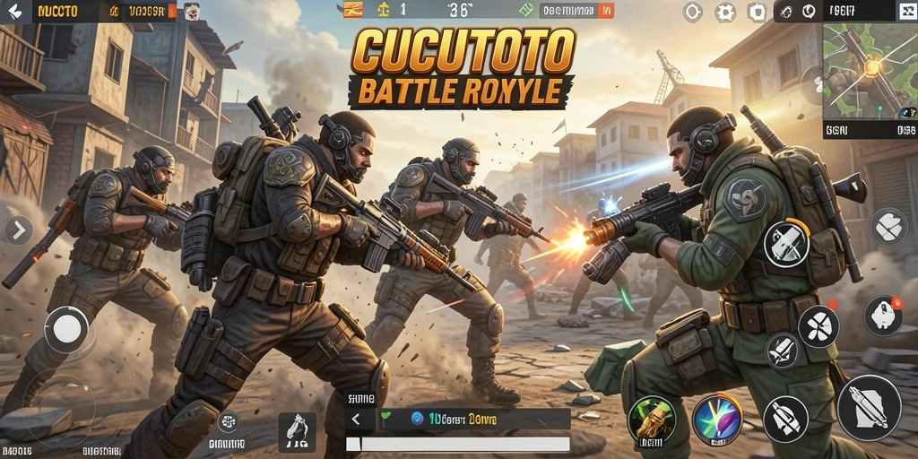 Screenshot CUCUTOTO menampilkan suasana pertandingan Battle Royale yang mendebarkan.