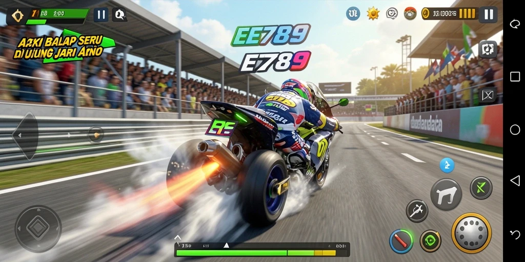 Screenshot gameplay EE789 dengan mobil balap melaju cepat di sirkuit.