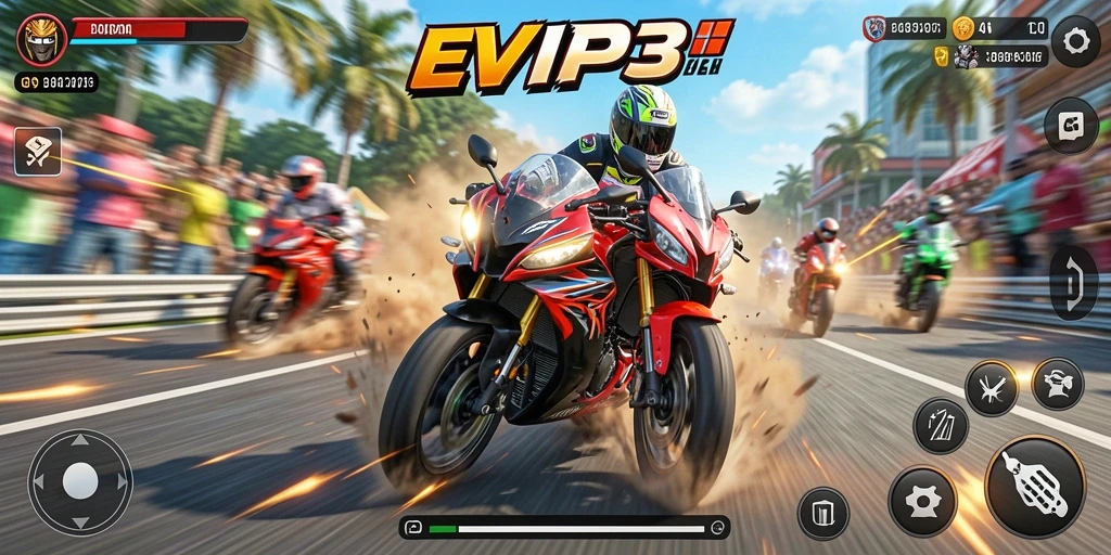 Gameplay seru EVIP3 dengan aksi balapan motor cepat.