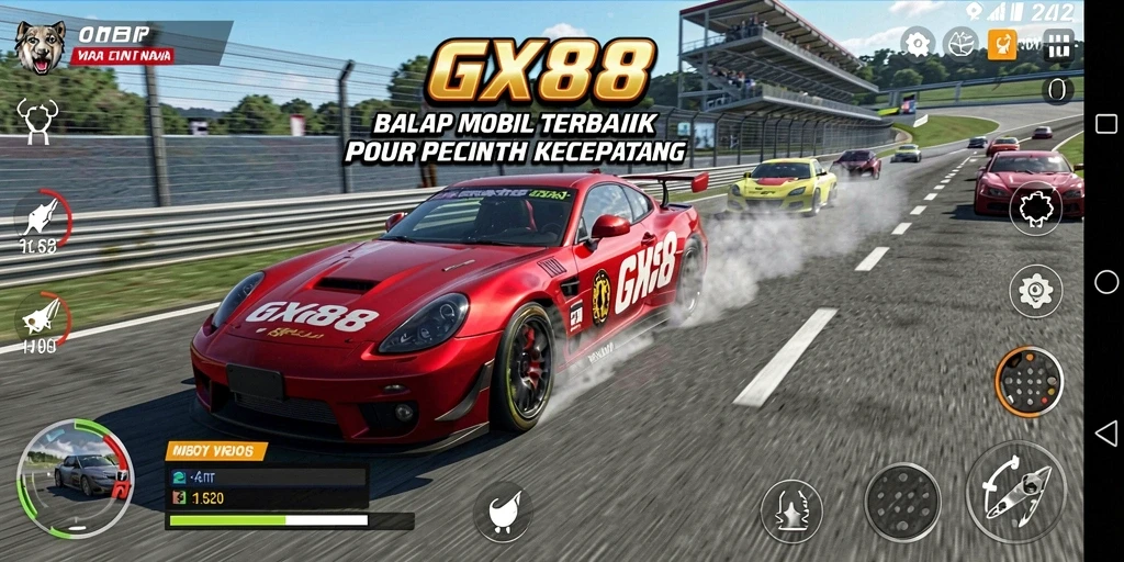 Tangkapan layar gameplay GX88 menampilkan aksi balap yang mendebarkan.