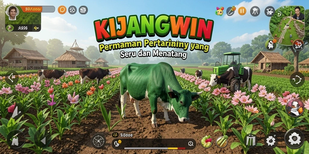 Tampilan gameplay KIJANGWIN yang menampilkan ladang dan aktivitas pertanian.