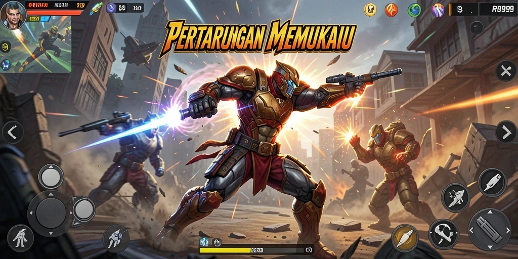 Screenshot gameplay RR999 menampilkan aksi seru dalam pertarungan melawan musuh.